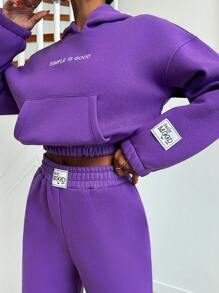 EURMUSE 棉质女式连帽衫，带字母印花和松紧腰带，加厚运动服套装 - 紫色 - 查看 6