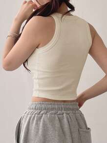 DAZY Women's Solid Color Crew Neck Sleeveless Simple Casual Basic Sport Tank Top Crop Women Tops - Apricot - View 5