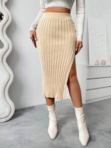 Chiquease 1pc Casual Button-Side Split Hem Knit Knitted Skirt,Spring/Autumn - Khaki - View 5