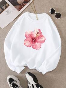INAWLY Sudadera con estampado de flores de hibisco para mujeres - Blanco - Ver 4