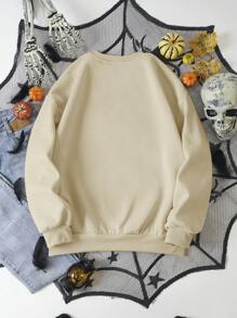 INAWLY 万圣节骷髅和南瓜标语印花圆领运动衫 - 杏色 - 查看 2