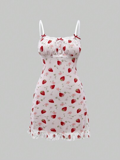 Kawaii Women's Summer Casual Strawberry Floral Sling Mini Dress