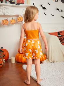 SHEIN Young Girl Summer Halloween Theme Cartoon Print Camisole Top And Ruffle Hem Shorts 2Pcs Knitted Sleepwear Set,Orange Family Matching Mommy And Me - Orange - View 2