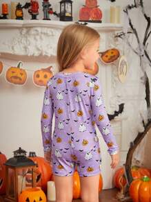SHEIN Young Girl Snug Fit Halloween Themed Cartoon Pumpkin Print Long Sleeve Half Open Jumpsuit, Mommy And Me Matching Outfit (3 Pieces Sold Separately) - Purple - View 2