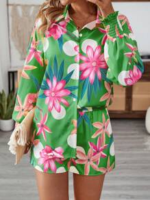 Breezaya 2件套夏威夷风情热带印花夏季短裤套装