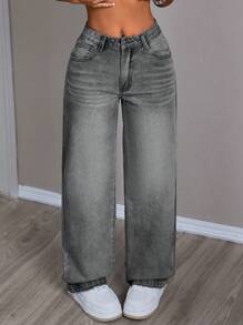 SHEIN PETITE Casual Straight Fit Washed Denim Jeans - Dark Grey - View 6