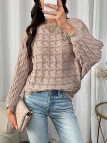 SHEIN LUNE Casual Solid Color 3D Floral Decor Batwing Sleeves Sweater For Spring And Autumn Knit Pullover Fall Winter Outfit - Apricot - View 6
