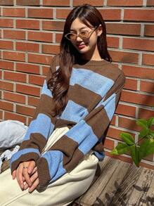 DAZY Maglione oversize a girocollo con blocchi di colore, abbigliamento autunnale per donna