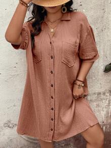 Linhara Plus Size Solid Color Button Front Casual Shirt Dress - Dusty Pink - View 5