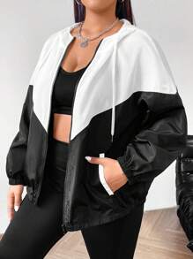 SHEIN EZwear 大码拼色抽绳连帽夹克，春秋装 - 白色 - 查看 4
