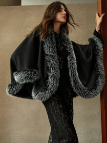 Anewsta 秋冬优雅毛绒拼布斗篷 - 黑色 - 查看 6