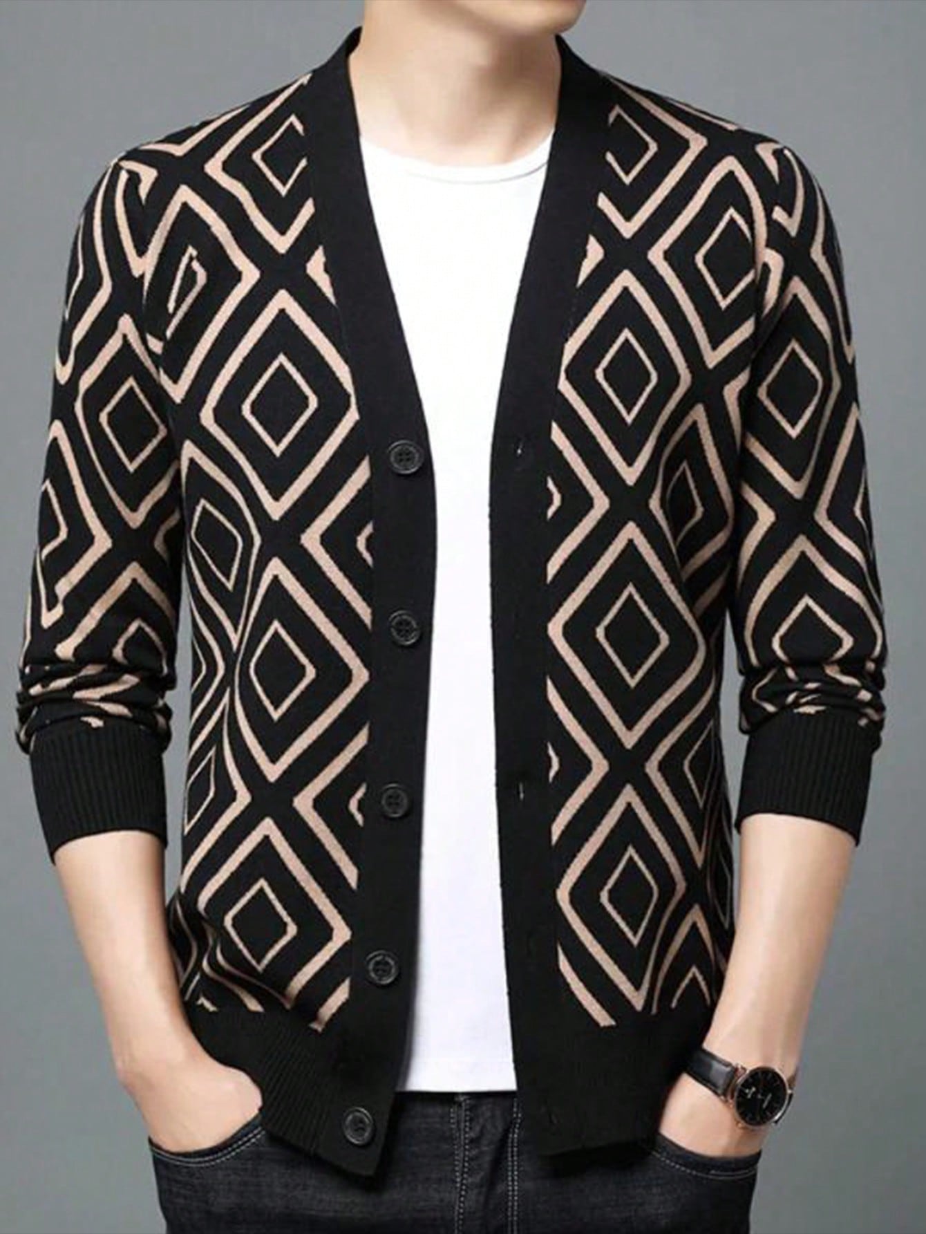 Manfinity Dauomo Men's Spring And Autumn Casual Geometric Pattern Cardigan