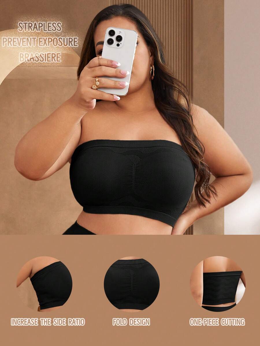 1 Peça Sutiã Bandeau Sem Costura Plus Size (Sem Enchimento) - Preto - Visão 1