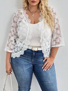 SHEIN CURVE+ 大码白色蕾丝夹克外套 - 白色 - 查看 4