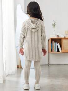 SHEIN 年輕女孩二件式下擺連帽衫和緊身褲套裝 - 杏色 - 查看 3