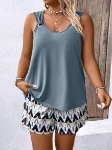 Plus Size Vakantie Casual Effen Kleur Tanktop En Geometrisch Patroon Shorts 2 Stuks Set