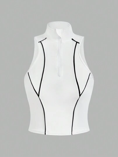 Exploreva Women Contrast Binding Stand Collar Half-Zip White Sports Tank Top