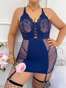 SHEIN Bộ đồ lót ren chéo mắt lưới tương phản cỡ lớn gợi cảm - Xanh đậm - Xem 4