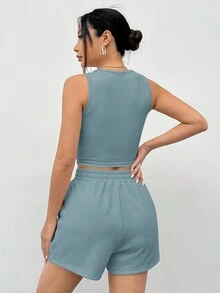 Muchica 女士雾蓝色针织无袖背心和短裤套装 - 霧霾藍 - 查看 2