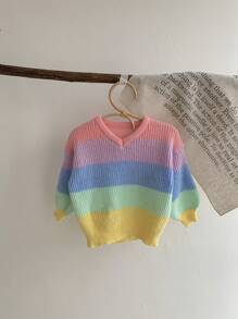 SHEIN LMoss Kids LMoss Baby Girls Crew Neck Colorful Striped Casual Sweater, Fashionable Outdoor Knitwear For Fall/Winter - Dusty Pink - View 4