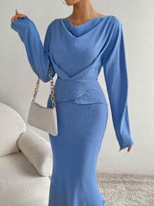 Chiquease Women's Spring And Autumn Elegant Solid Color Draped Neck Fishtail Long Dress - Blue - View 5