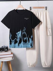 2pcs Teen Boy Street Style Digital Fire Letter Print T-Shirt And 3D Pocket Design Long Pants Set, For Halloween Party - Beige - View 3