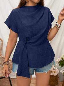 Calvaya Blusa a maniche corte da donna con vita attorcigliate e laccio frontale, tinta unita, taglie comode