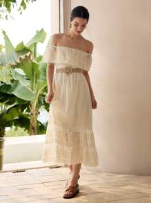 MOTF Women's Elegant Solid Color Off Shoulder Embroidery Vacation Dress - Beige - View 3