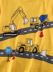 3 peças Camisetas Casuais de Menino Jovem com Estampa de Escavadeira de Gola Redonda, em Cores Diferentes. Cada Camiseta possui um Design de Estampa Fofa de Escavadeira, exibindo um Estilo Divertido e Brincalhão - Multicolorido - Visão 4