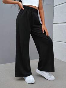 SHEIN Tween Girl Street Style Knit Solid Color Loose Casual Wide Leg Sweatpants - Black - View 6