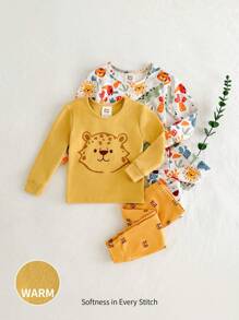 Cozy Pixies 4pcs Cartoon Lion, Tiger, Leopard Pattern Knit Soft Crew Neck Long Sleeve Top And Long Pants Baby Boy Snug Fit Pajama Set Graphic - Yellow - View 1