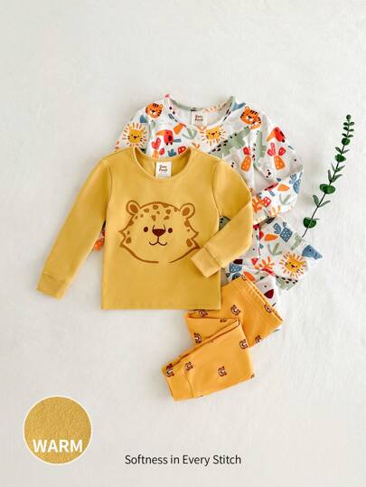 Cozy Pixies 4pcs Cartoon Lion, Tiger, Leopard Pattern Knit Soft Crew Neck Long Sleeve Top And Long Pants Baby Boy Snug Fit Pajama Set Graphic