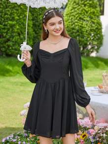 SHEIN Teen Girl Sweetheart Neck Lantern Sleeve Dress - Black - View 3