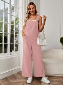 SHEIN 孕妇纯色系带口袋休闲连体裤，适合孕妇 - 粉色 - 查看 3