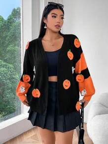 Flirla Cardigan Casual Aberto com Blocos de Cor Texturizada de Abóbora e Fantasma, para Outono e Halloween, em Plus Size