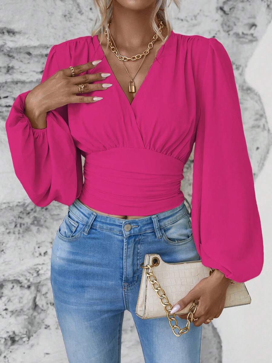 EMERY ROSE Women's Spring And Summer Solid Color Overlapping V-Neck Lantern Sleeve Elegant Shirt Fall Cloth For Women - Hot Pink - View 1