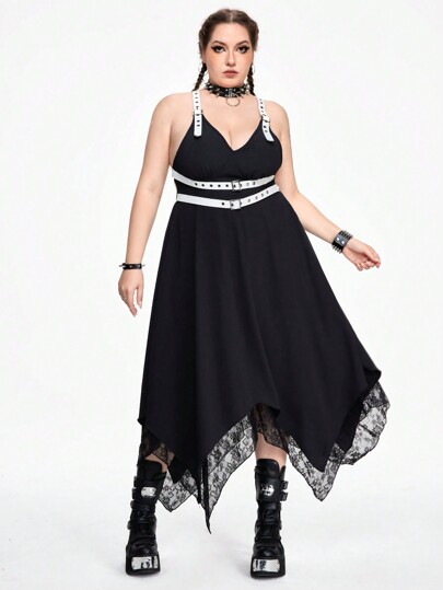 Grunge Punk Punk Contrast Color V-Neck Bodycon Asymmetrical Hem Sexy Backless Plus Size Dress