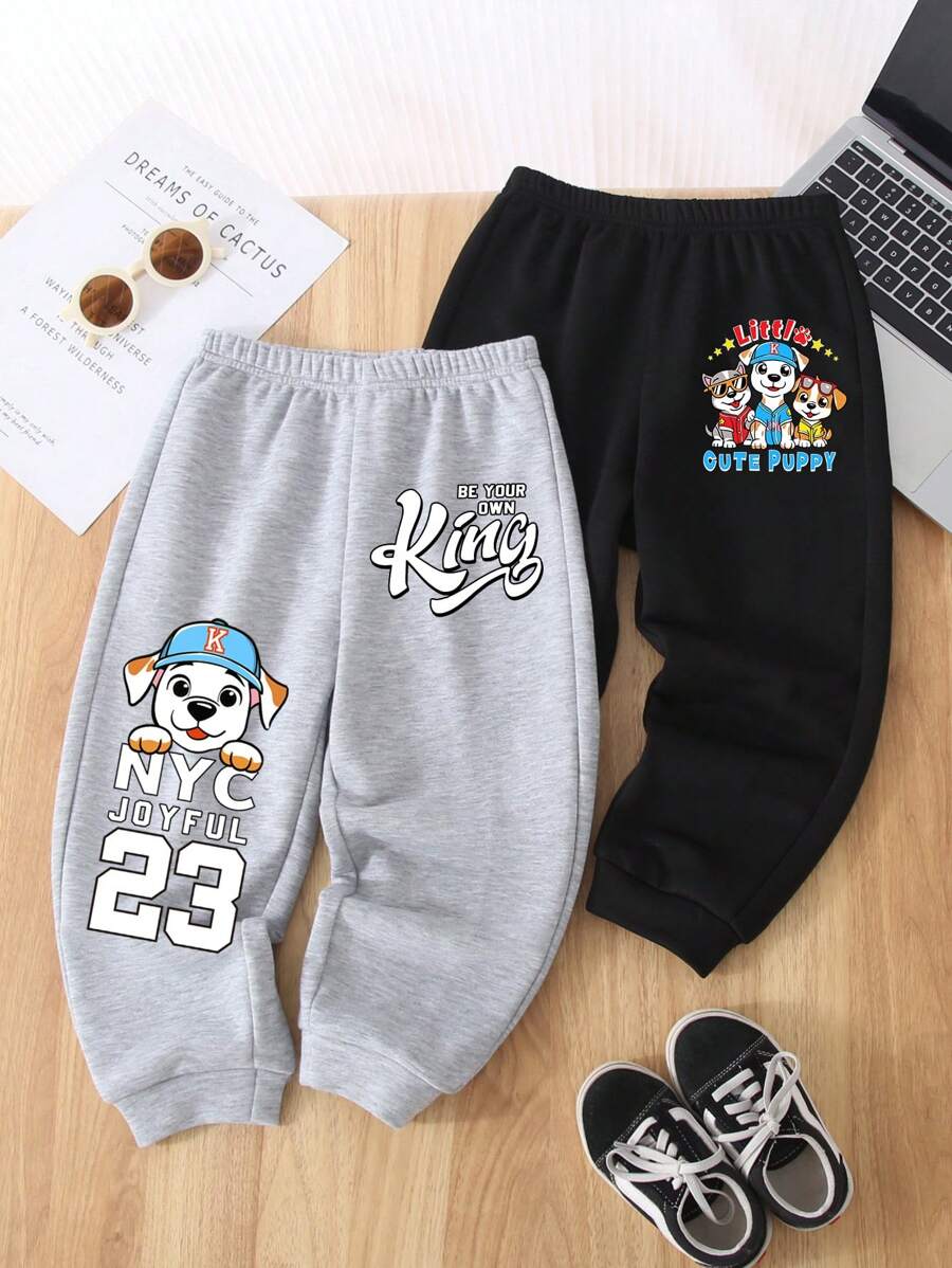 SHEIN 2pcs Set, Young Boy Casual Simple Cartoon Dog Number 23 Printed Hoodies And Long Pants, Suitable For Autumn & Winter
