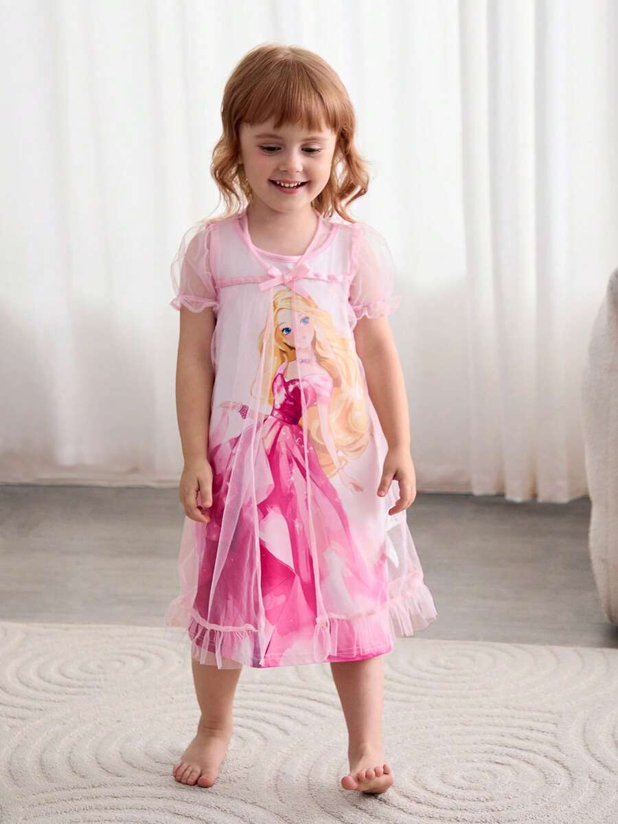 SHEIN 年輕女孩可愛公主風格卡通圖案背心睡衣裙，帶網紗泡泡袖、緞帶蝴蝶結和披肩的兩件套家居服套裝 - 粉色 - 查看 1