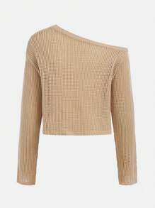 SHEIN Jersey casual de manga larga para adolescente con hombro oblicuo, de punto unicolor de color y patrón de estrellas ahuecado - Caqui - Ver 2