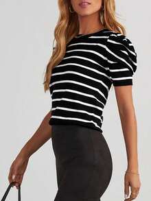 Pull rayé à col ras-du-cou et manches courtes casual pour femmes - Noir - Voir 4