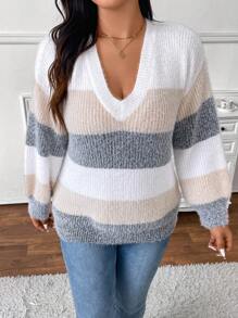 SHEIN Frenchy Plus Size Colorful Striped Fluffy V-Neck Comfortable Soft Pullover Sweater For Back To School Season, For Winter - Multicolor - View 6