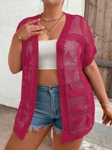 Breezaya Plus Size Women's Solid Color Minimalist Short Sleeve Hollow-Out Cardigan - Hot Pink - View 4