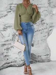 SHEIN Clasi Solid V-Neck Criss-Cross Ruched Long Sleeve Blouse - Olive Green - View 3