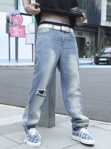 Manfinity Roghcode Quần Jeans Denim Baggy Rộng Đơn Giản Rách Màu Trơn Cho Nam - Rửa trung bình - Xem 5