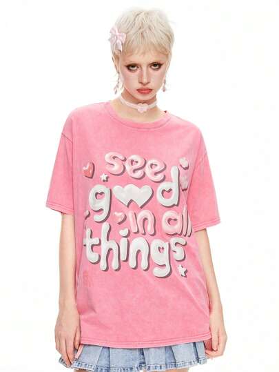 Kawaii تي شيرت تي شيرت فضفاض للنساء بطباعة قطة بقماش مجعد معالج