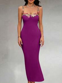 Zolique Elegant Flower Embroidered Mermaid Style Cami Dress, Summer - Purple - View 1