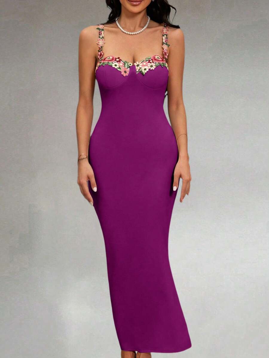 Zolique Elegant Flower Embroidered Mermaid Style Cami Dress, Summer - Purple - View 1