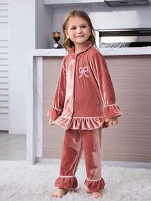 2 piezas/set Ropa casual de estar en casa para niñas pequeñas con Top de terciopelo bordada con volantes y moño y pantalones - Rosa vieja - Ver 3