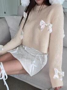 DAZY 女式蝴蝶结休闲短款毛衣秋季 - 米色 - 查看 3
